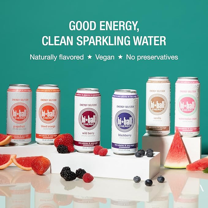 Hiball Clean Energy Seltzer Water, Caffeinated Sparkling Water Made with Vitamin B12 and Vitamin B6, Sugar Free 16 Fl Oz (Pack of 8), Blackberry