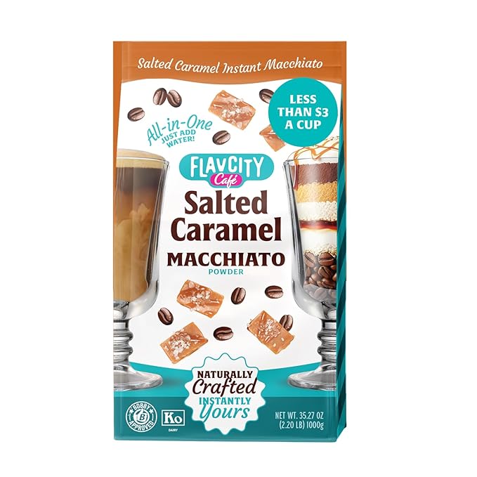 FlavCity Café Salted Caramel Macchiato - Flavored Instant Coffee Powder Mix with Grass-Fed Whole Milk - Instant Latte Made from Real Ingredients - All In One, Just Add Water (20 Servings)