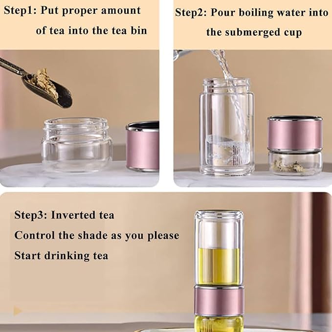 QUROXO 2025 New Tryteava Glass Infuser, Teava 3-In-1 Smart Tea Infuser with Cup Brush, Double-Layer Borosilicate Glass Tryteava Tea infusers Separation Cup (Pink, 350ml (12oz))