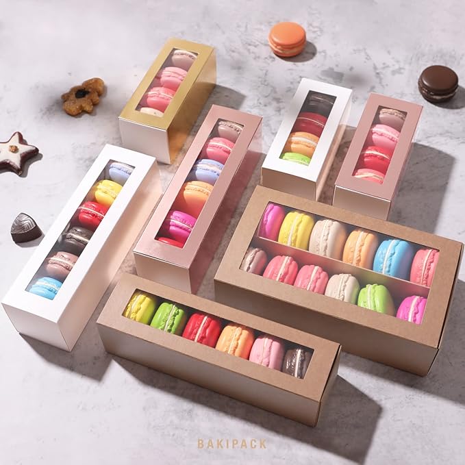 25 Macaron Boxes for 6 Macarons Kraft Macaron Boxes with Interior Measurement 7.3" x 1.9" x 1.9" Macarons Gift Boxes with Clear Window (without Macaron inside)