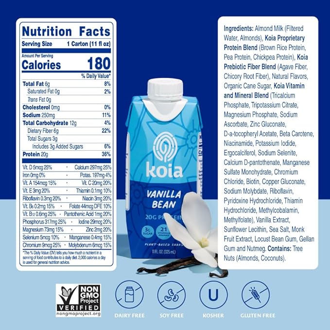 Koia Plant Based Protein Shake, Vanilla Bean, 20g Protein, 3g Sugar, 6g Prebiotic Fiber, 21 Vitamins & Minerals, Meal Replacement Drinks, Dairy-Free, Gluten-Free, Non-GMO, 11 Fl Oz (Pack of 18)