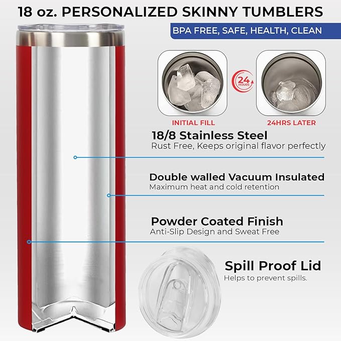 Personalized 20oz Skinny Tumbler: Engraved, Stainless Steel, Insulated, Leak-Proof Lid & Straw, Hot/Cold for Hours, for Coffee, Water, Wine, Gift for Birthdays, Weddings, Christmas, 25 designs (RED)