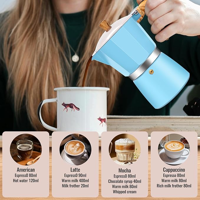 9 Cup Aluminum Moka Pot Classic Stovetop Espresso Coffee Maker 450ml 15oz Coffeemaker Percolator Mocha Pot Greca Coffee Maker Cafe Makers for Italian and Cuban Café Brewing Blue