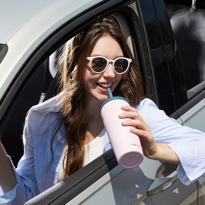 COKTIK 16oz Insulated Tumbler with Lid and Straw 2 Lids (Straw/Flip) Iced Coffee Cup Reusable Stainless Steel Travel Mug Water Bottle Cupholder Friendly for Women Men Her Him (Blush)