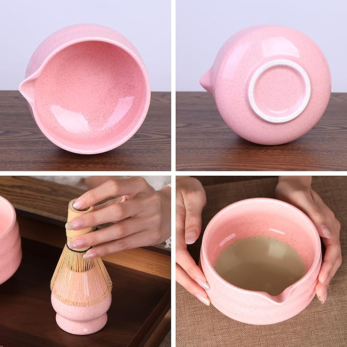 Japanese Matcha Whisk Set - 7-Piece Kit Bamboo Chasen, Ceramic Bowl with Spout, Stainless Steel Sifter & Holder Pink