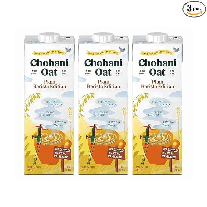 Chobani Oat Milk, Plain Oat Barista Edition, Shelf Stable Non Dairy Milk, Creamer, Vegan Friendly, Gluten-Free, 32 FL OZ (Pack-3)