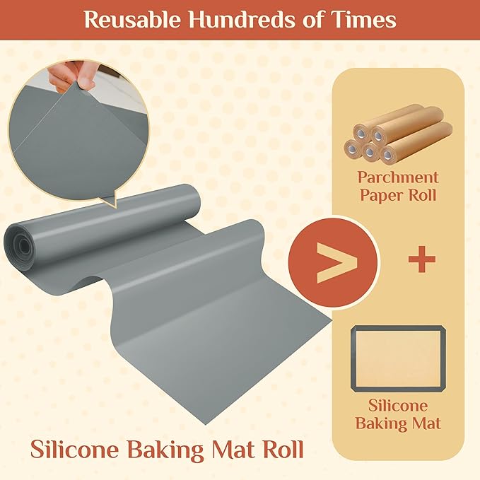 Silicone Baking Mat, 16 IN x 6 FT Free Cutting Baking Sheet, Non-Stick Reusable Dough & Pastry Mat, Non-Slip Silicone Mat Roll for Air Fryer Liner, Freeze Dryer, Oven Baking Pan, Kitchen Counter