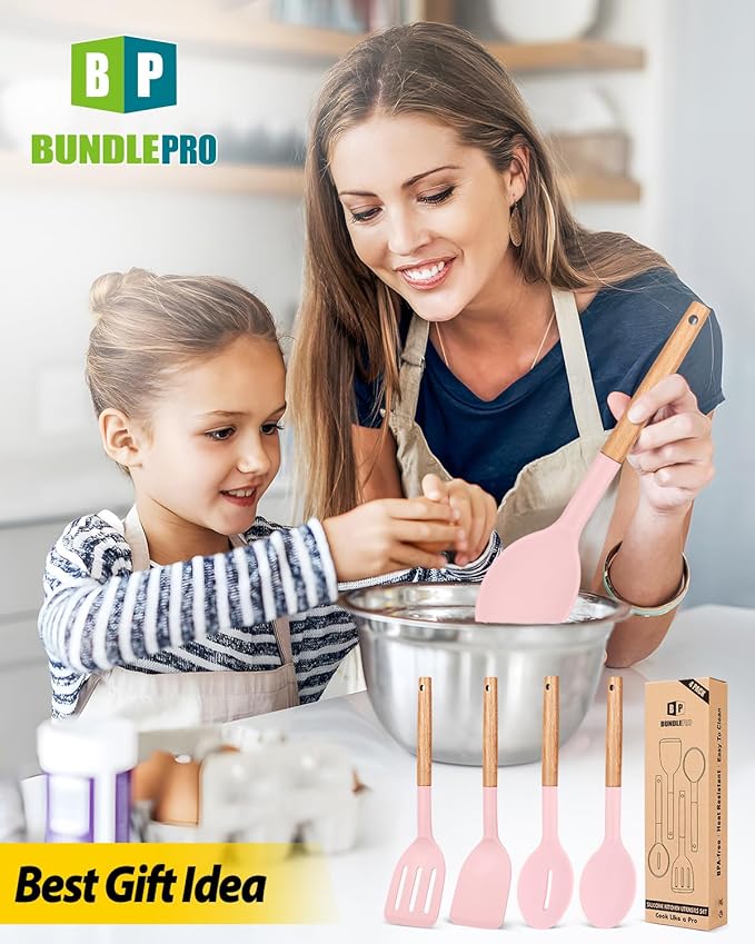 Pack of 4 Silicone Cooking Utensils Set, Non Stick Solid Spatulas and Heat Resistant Slotted Spoons with Wooden Handle, Ideal Wood Kitchen Utensils Set for Frying,Serving,Turning,Stirring (PINK)