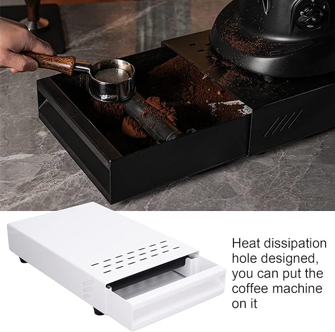 Coffee Knock Box Drawer, stainless steel Coffee Powder Box, Coffee Knock Box with Removable Rubber Strike Wood Pole and Non Slip Base (White)