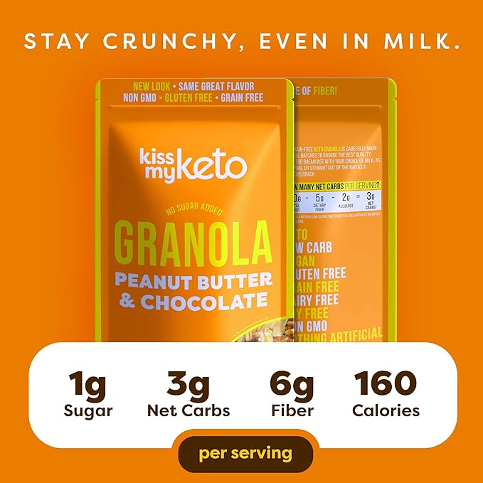 Kiss My Keto Sugar Free Granola, Peanut Butter Chocolate 4-Pack – Curb Cravings with Few Net Carbs – Allulose Sweetened, Resealable & Gluten-Free Crunchy Clusters – Grain Free Granola Great With Yogurt or Milk