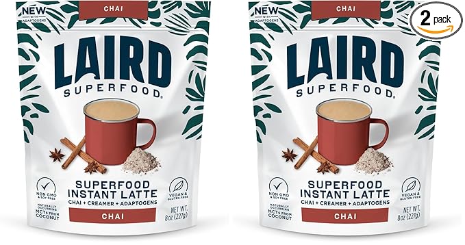Laird Superfood Chai Instant Latte with Adaptogens - Instant Chai Tea Powder with Superfood Coconut Creamer - Gluten Free, Non-GMO, Vegan, 8 oz. Bag, Pack of 2