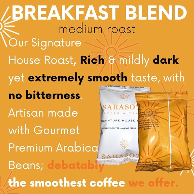 Sarasota Coffee Ground Packets | Gourmet Medium Roast Bulk Coffee Packs | Breakfast Blend | Low Acid Mold Free Singles Individual Pouches for 12 Cup Coffee Maker | 3 Ounce Bags, 36 Count