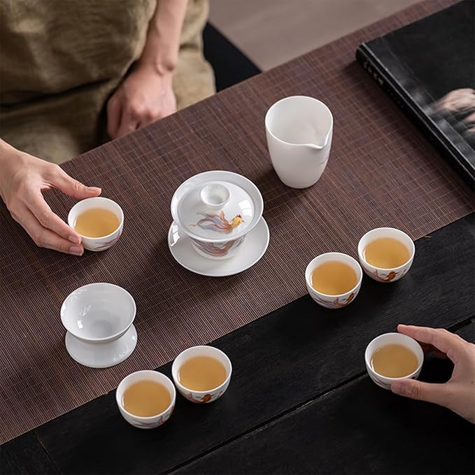 ICHAG Chinese Tea Set, Gongfu Tea Sets for Adults, China Gaiwan Teaset, 14-Piece Yangzhi Jade (茶具) Porcelain Set with Tea Pet, Portable Travel Teaset for Home, Outdoor, Office Gifts (White)