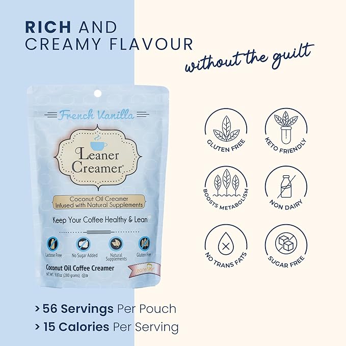 Leaner Creamer Coconut Creamer with Superfood Ingredients – Non-Dairy, Sugar-Free, Keto, Gluten-Free Powdered Coffee Creamer – French Vanilla – 280g