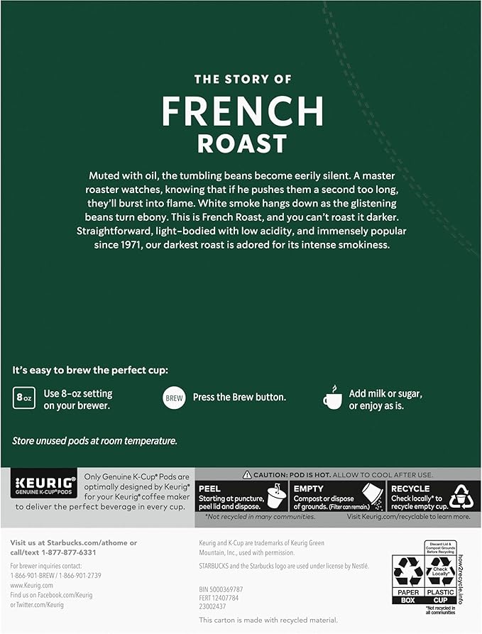 Starbucks K-Cup Coffee Pods, Dark Roast Coffee, French Roast for Keurig Brewers, 100% Arabica, 1 box (22 pods)