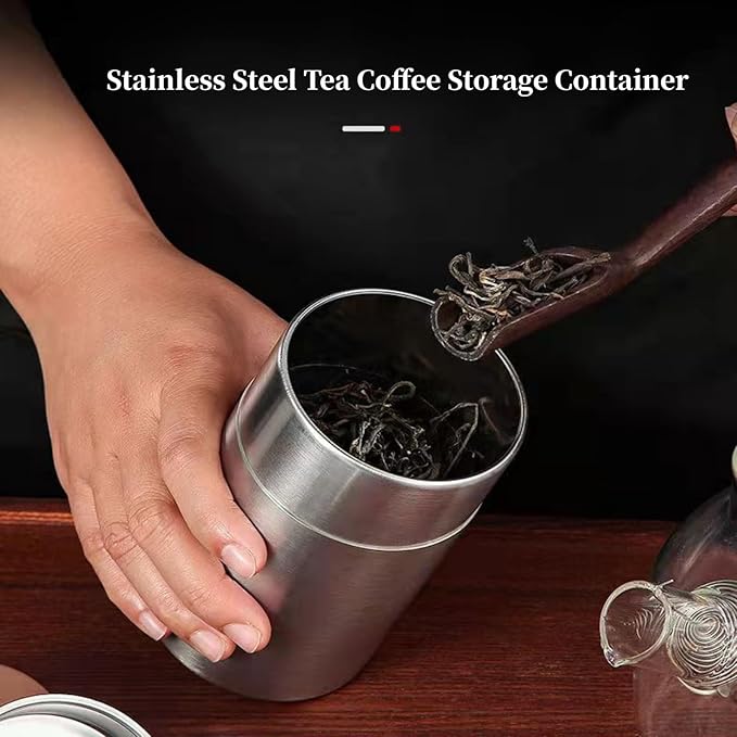 AUNMAS Tea Tin Canister, Stainless Steel Coffee Sugar Storage Container with Airtight Double Lids for Loose Tea, Kitchen Cup for Coffee Sugar Seasoning Storage (550ml)