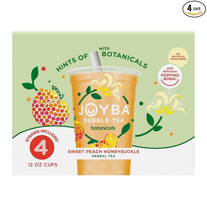 JOYBA Botanicals Sweet Peach Honeysuckle Bubble Tea, 4 Pack, 12 fl. oz. Cups