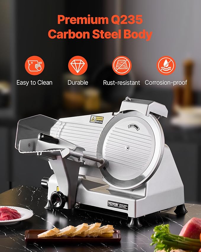 VEVOR Commercial Meat Slicer, 10 inch Electric Deli Food Slicer, 180W Meat Cutter with a Premium 65Mn Blade, 0-0.4 inch Adjustable Thickness, Food Slicer Machine for Meat Vegetables Hard Bread Cheese