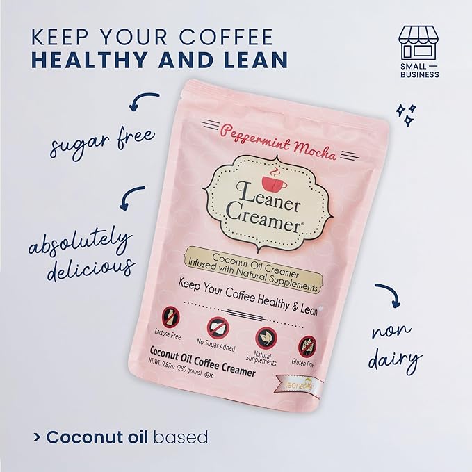 Leaner Creamer Non-Dairy Sugar Free Coffee Creamer Powder. Perfect Coconut Oil Non-Dairy Powder To Naturally Cream and Sweeten Coffee, Smoothies, Protein Shakes & More! Ideal Flavoring For All Diets 9.87 oz Pouch PEPPERMINT MOCHA