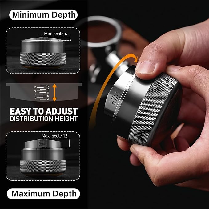 CrossCreek 58mm Espresso Distributor | Adjustable Depth Fits All 58mm Espresso Portafilter | Breville/Rancilio/La Marzocco | Stainless Steel & Walnut Distribution Tools | Espresso Machine Accessories