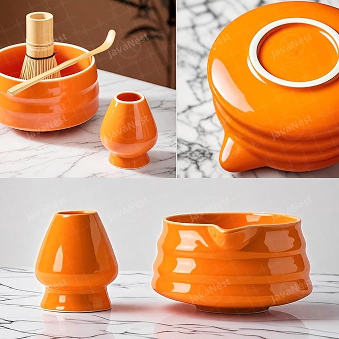7-Piece Matcha Tea Set with Gift Card – 120-Prong Bamboo Whisk, Ceramic Bowl with Spout, Whisk Holder, Scoop, Spoon, Strainer & Scoop Holder – Ideal Gift for Matcha Lovers (Orange)