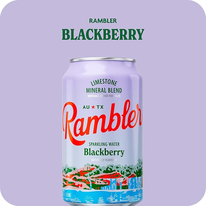 AUTX RAMBLER Sparkling Water, Texas Limestone Mineral Blend, Blackberry Flavor, 12-Ounce Cans, Three 8-Packs (24 Cans)