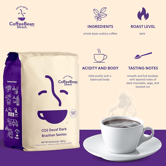 Coffee Bean Direct CO2 Decaf Dark Brazilian Santos, Whole Bean Coffee, Dark Roast, 5 Pound Bag (Pack of 1)