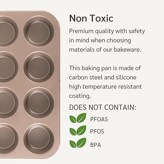 Non Toxic Nonstick 12 Cup Muffin Pan | PFOA BPA free Nontoxic Cupcake Tin | Best Non Stick Muffin Pans | Muffin tins | Cupcakes Tray | Carbon Steel Bakeware Mold Trays