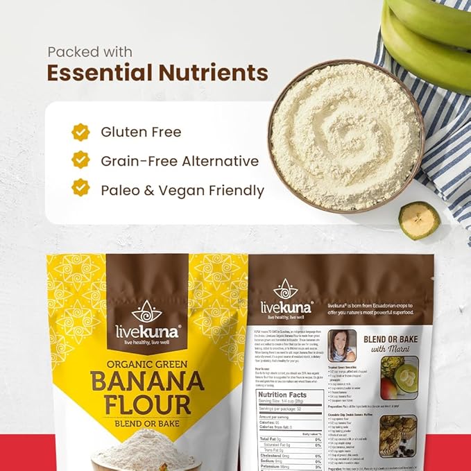 LiveKuna Organic Banana Flour - Gluten Free All Purpose Flour Alternative For Baking & Cooking Recipes - Grain Free Vegan Banana Flour, Rich In Fiber & Vitamins for Keto & Paleo Diets, 32oz Bag