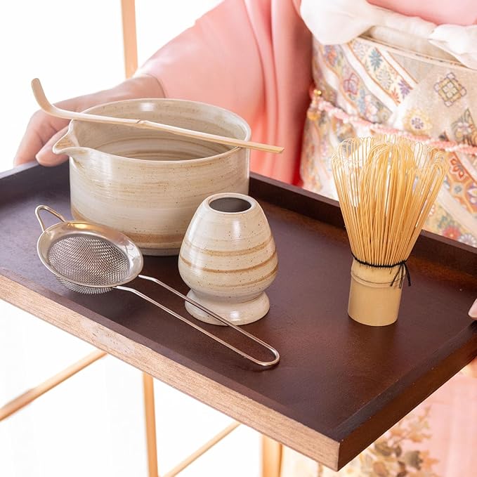 Japanese Matcha Set | Matcha Bowl with Spout | Whisk & Holder | Bamboo Scoop & Stainless Sifter | 5-Piece Traditional Matcha Kit | Designed in Japan |「Rustic Beige」