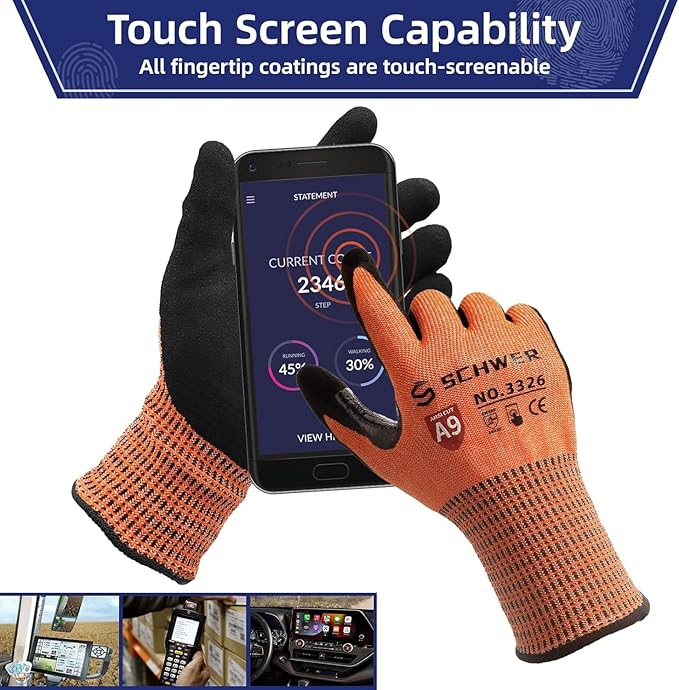 Schwer ProGuard Highest Level Cut Resistant Work Gloves PR3326 for Extreme Protection，ANSI A9 Cut Gloves with Reinforced Thumb, Non Slip, Non PFAS, Durable, Touch-screen, Orange 2 Pairs（L）