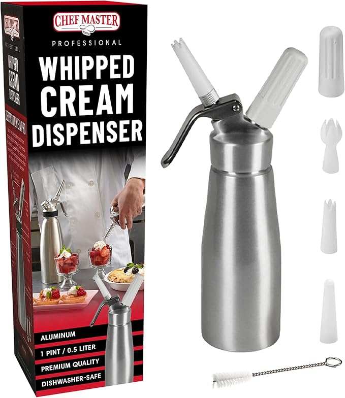 Chef Master (1 Pint / 0.5 Liter) Aluminum Whipped Cream Dispenser - Decorating Tips for Desserts, Coffee, Latte + Cleaning Brush - Whip Cream Dispenser Canister for Home, Bakery or Restaurant - 90076