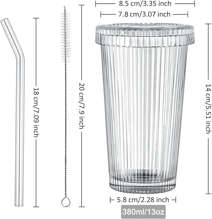 13oz Clear Iced Coffee Cups with Lids, Clear Glass Tumbler with Straw & Lid, Ribbed Glassware Cups, Dishwasher Safe Drinking Glasses, Stylish Glass Cups for Coffee, Juice, Tea, Matcha