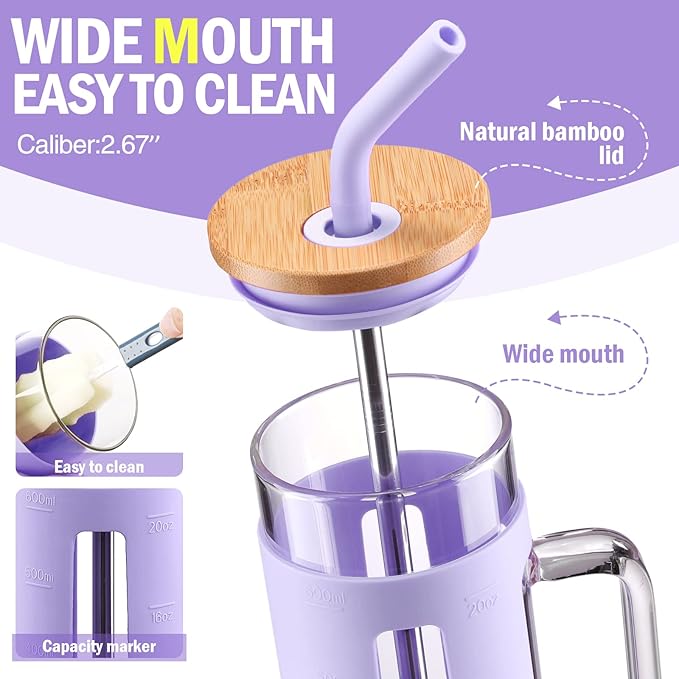 Kodrine Tumbler with Lid and Straw, 20 oz Glass Coffee Tumbler with Handle, Smoothie Cup with Bamboo Lid | Time Marker | Silicone Protective Sleeve, BPA Free - Purple