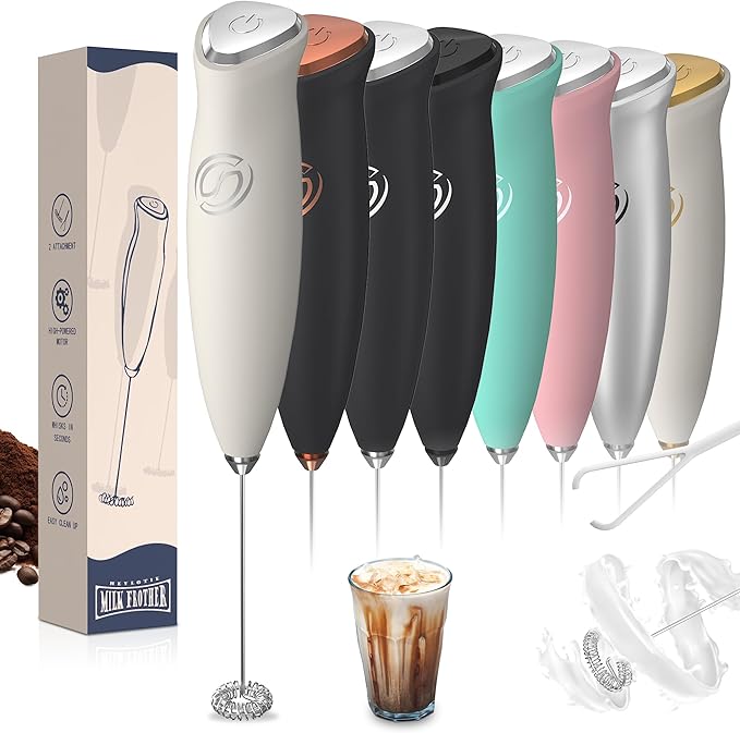 Milk Frother Handheld Frother Wand Drink Mixer Handheld Coffee Stirrers Electric Frother for Coffee Mixer Wand with 2 Whisk frother for protein powder coffee frother handheld-White
