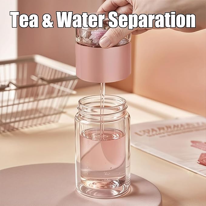Tryteava Glass Infuser, Tryteava 3-in-1 Smart Tea Infuser, Portable Glass Double Wall Tea Infusers Bottle, with Stainless Steel Filter, Hot & Cold Brew, For Loose Leaf, Office Home (Pink, 280ml)