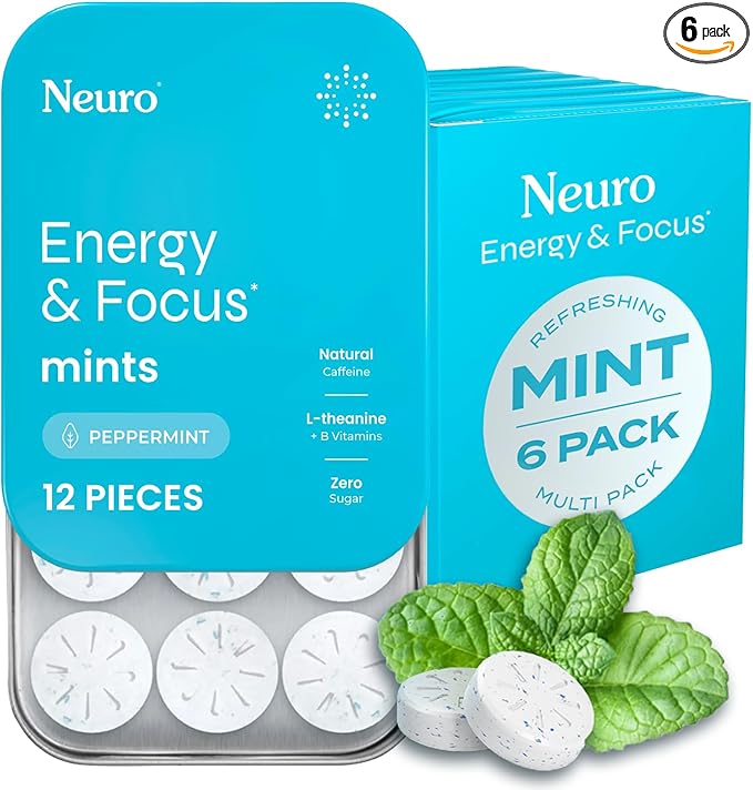 Neuro Energy & Focus Mints - Sugar Free Breath Mints with 80mg Natural Caffeine, B Vitamins & L-Theanine - Vegan Brain Supplement for Exercise, Study & Daily Focus - Peppermint, 72 ct