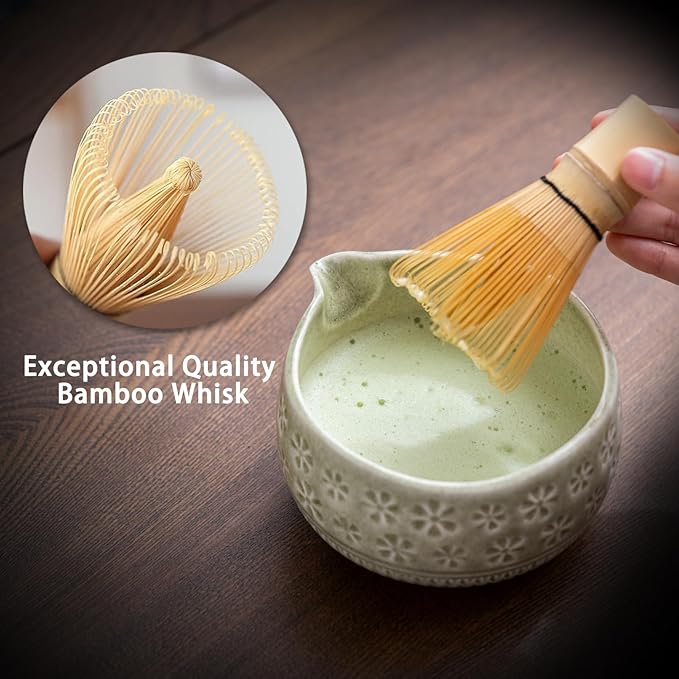 Matcha Whisk Set, 10 Pcs Matcha Set Includes Matcha Bowl, 2 Cups, Matcha Whisk and Holder, Bamboo Scoop and Spoon, Scoop Rest, Sifter and Tea Towel, Complete Matcha Kit (Mottled Green)