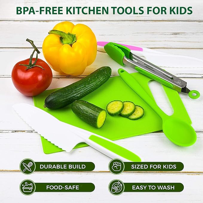 KEFF Kids Kitchen Set for Cooking & Baking with Recpie Book - Kids Knife Set for Real Cooking, Montessori Kitchen Tools for Toddlers - Real Utensils with Cutting Board and Knifes BPA-Free