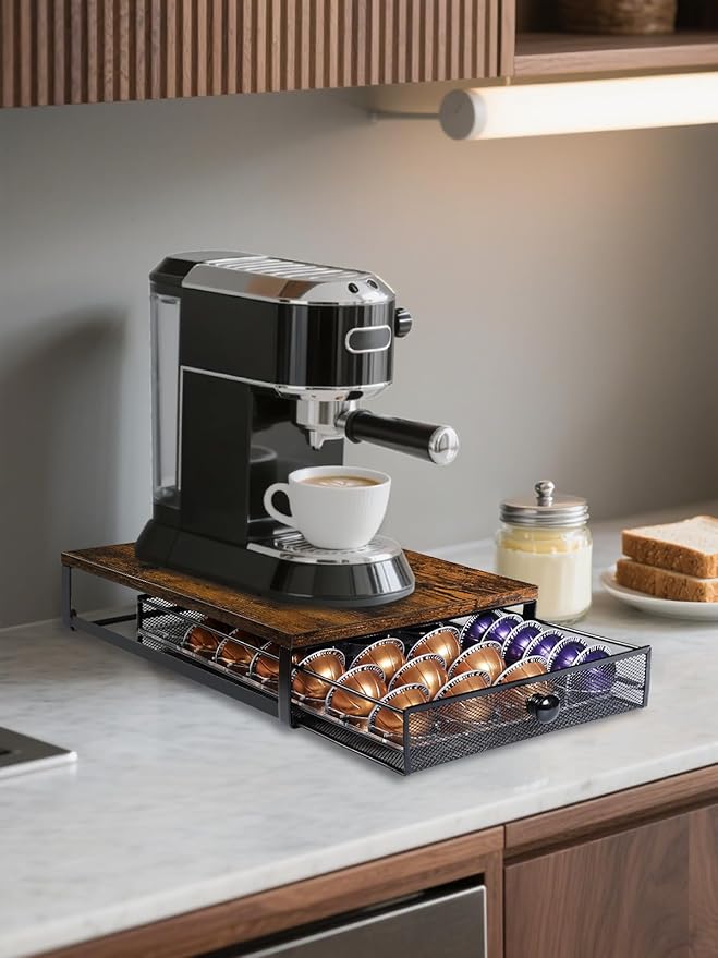 Coffee Pod Holder Drawer Organizer Compatible for Nespresso Vertuo Pods, Holds up to 54 Small or 28 Big Vertuo Pods Rustic Brown
