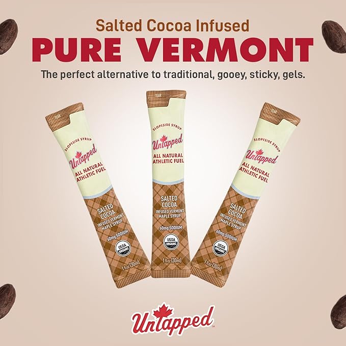 UnTapped Salted Cocoa Infused Vermont Maple Syrup Packets for Athletes, Box of 20-1 fl oz Each | Pure Maple Syrup with Rich Cocoa Extract and Sea Salt | Fuel to Keep You Running Longer