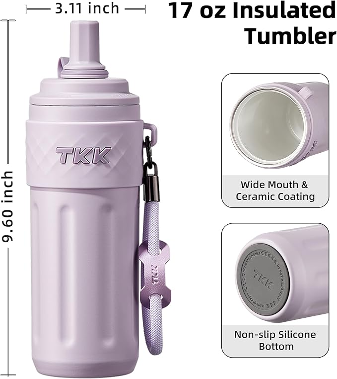 TKK 17 OZ Travel Tumbler Ceramic Lining with Straw Lid, Stainless Steel Vacuum Insulated Double Wall Coffee Tumbler, Leak Proof Iced Water Bottle with Carry Strap for Hot & Cold Drinks, Purple