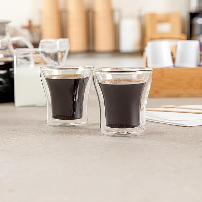 Restaurantware-Forma Professional 3.4 oz Double Wall Shot Glasses, 12 Insulated Espresso Cups - Dishwashable, Reusable, Clear Glass Coffee Cups, Freezable, For Hot Or Cold Beverages