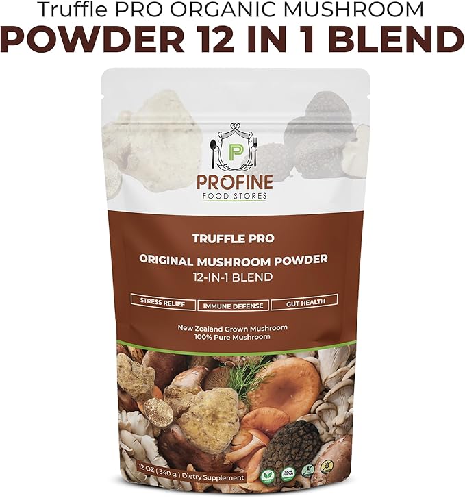 PROFINE Truffle PRO Mushroom Powder 12- in - 1 Super Blend with Black Truffle and White Truffle - USDA Organic - Supplement - Add to Coffee/Tea/Smoothies - Whole Mushrooms - No fillers