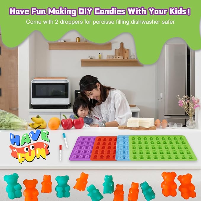 Two Different Sizes Gummy Bear Candy Molds, Set of 4 Non-Stick Silicone Candy Chocolate Gummy Molds with 2 Droppers