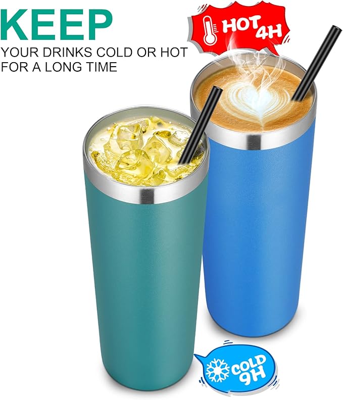 VEGOND Stainless Steel Tumblers Bulk 12 Pack, 20 oz Vacuum Insulated Skinny Tumblers with Lids and Straws, Double Wall Coffee Mug, Travel Water Cup