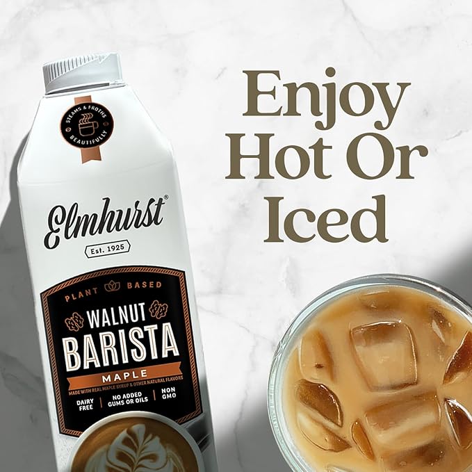 Elmhurst 1925 Maple Walnut Milk Barista Edition – 32 Ounce (Pack of 6) Plant-Based, Extra Creamy, Vegan, Dairy-Free, Non-GMO, Kosher, Sweetened with Real Maple Syrup for Flavorful Lattes & Iced Drinks