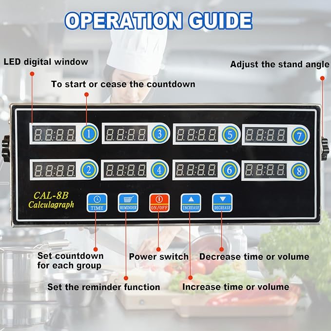 Commercial 8 Channels Digital Kitchen Timer, Stainless Steel Calculagraph Timer with Loud Alarm for Restaurant, Clock Reminder on Multiple Events
