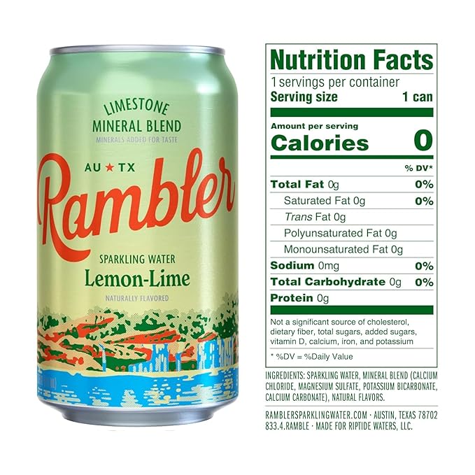 AUTX RAMBLER Sparkling Water, Texas Limestone Mineral Blend, Variety Pack (Original, Lemon-Lime, Grapefruit), 12-Ounce Cans, One 8-Pack Each x 3 Flavors (24 Cans Total)