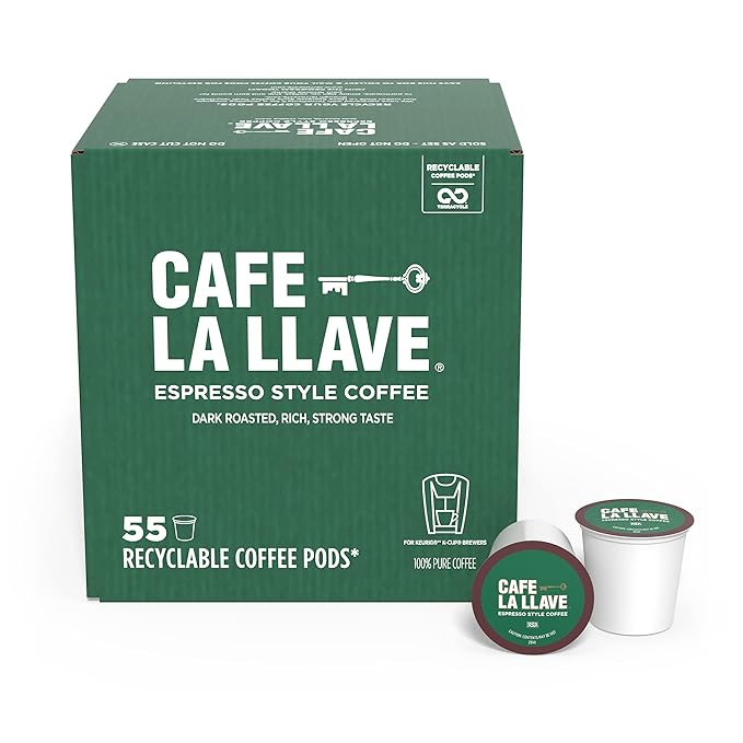 Cafe La Llave Espresso-Style Dark Roast Coffee Pods for Keurig K-Cup Brewers - Bold, Rich Flavor - 55 Count Single Serve Recyclable Capsules- Family Crafted